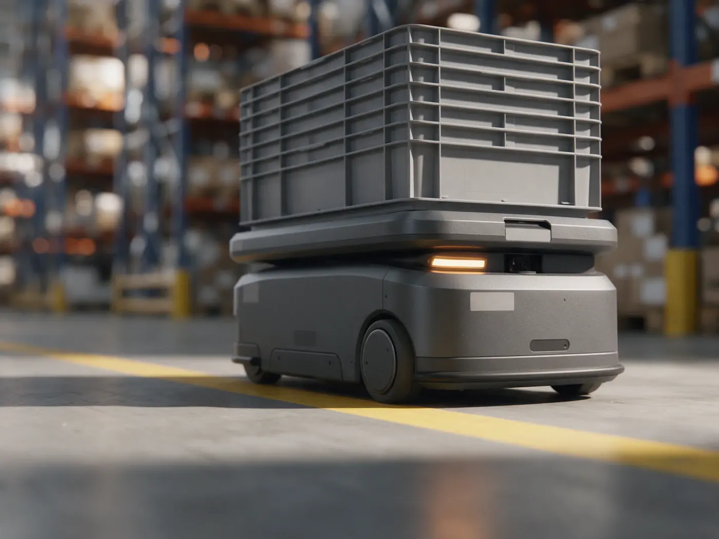 Robot móvil gris transportando cajas de plástico por el pasillo de un almacén