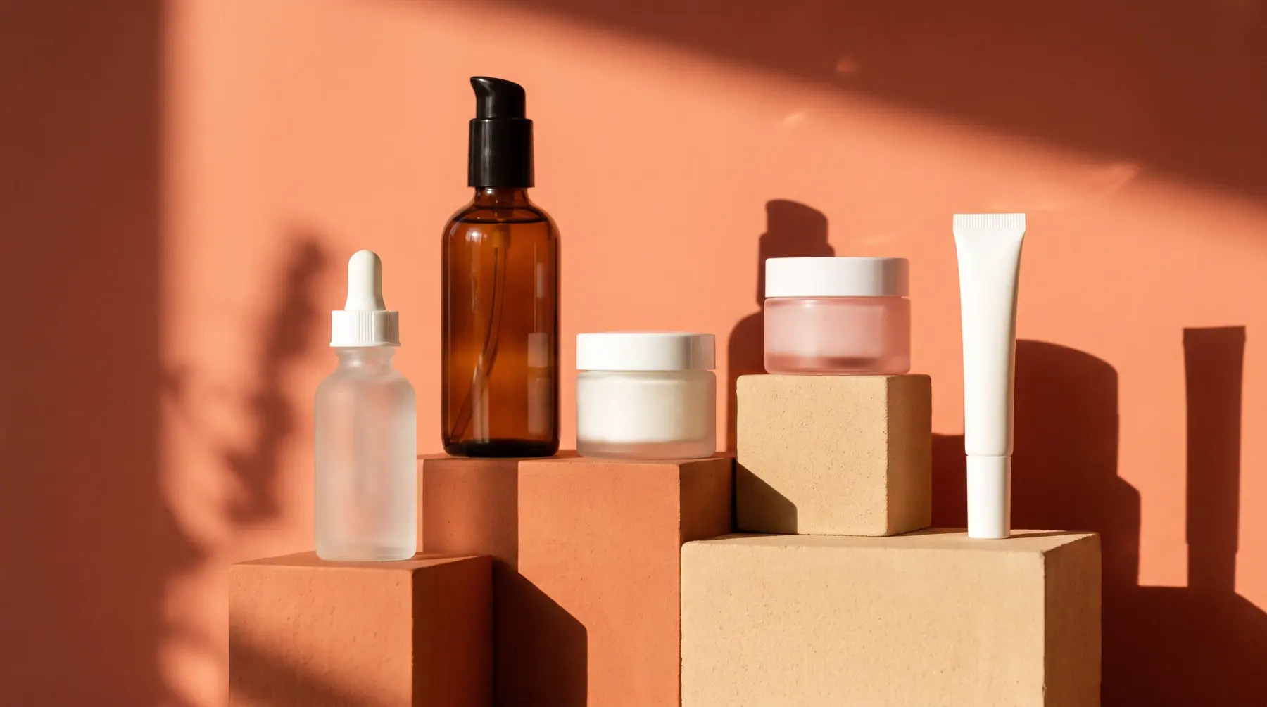 Frascos, tarros y un tubo de cosmética sin etiqueta sobre peanas de terracota, con sol y sombras largas
