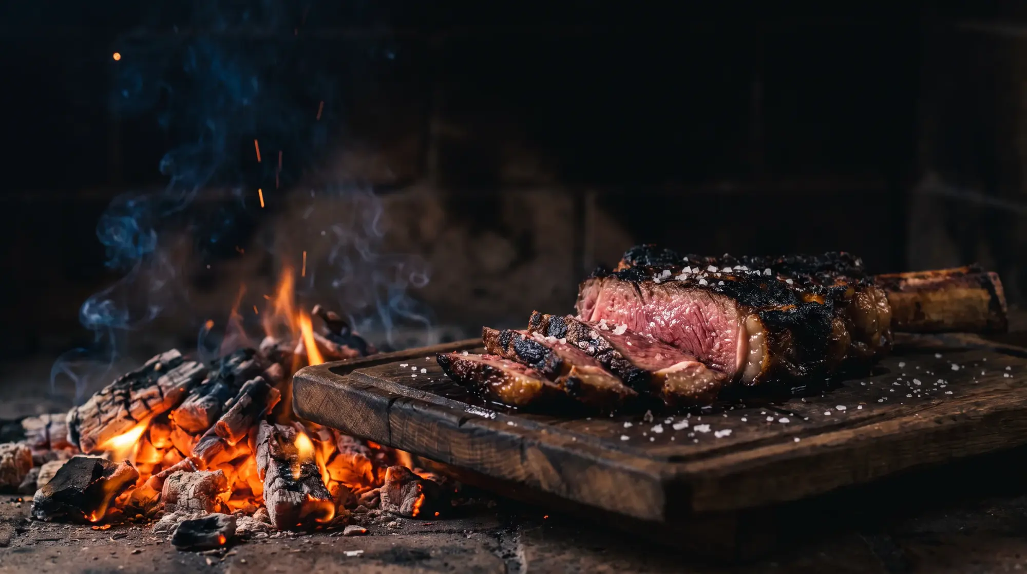 Chuletón a la brasa cortado, rosado por dentro, sobre una tabla junto a las brasas encendidas