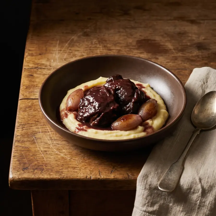 Carrillera ibérica con salsa de vino tinto sobre puré de patata, en un cuenco de barro