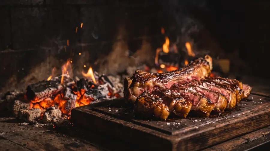 Chuletón a la brasa cortado en lonchas, rosado por dentro, con sal en escamas junto a las brasas