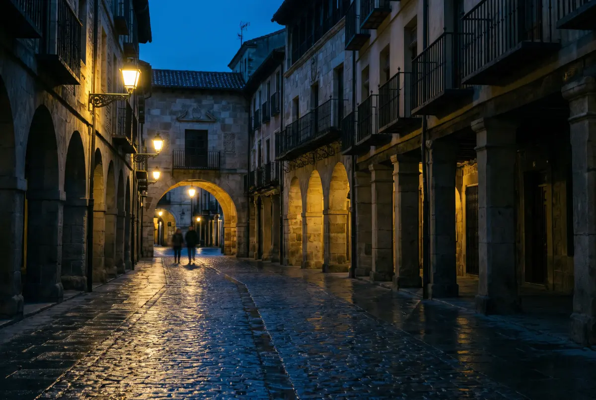 Calle empedrada del casco histórico a la hora azul, con soportales de piedra, balcones y farolas encendidas