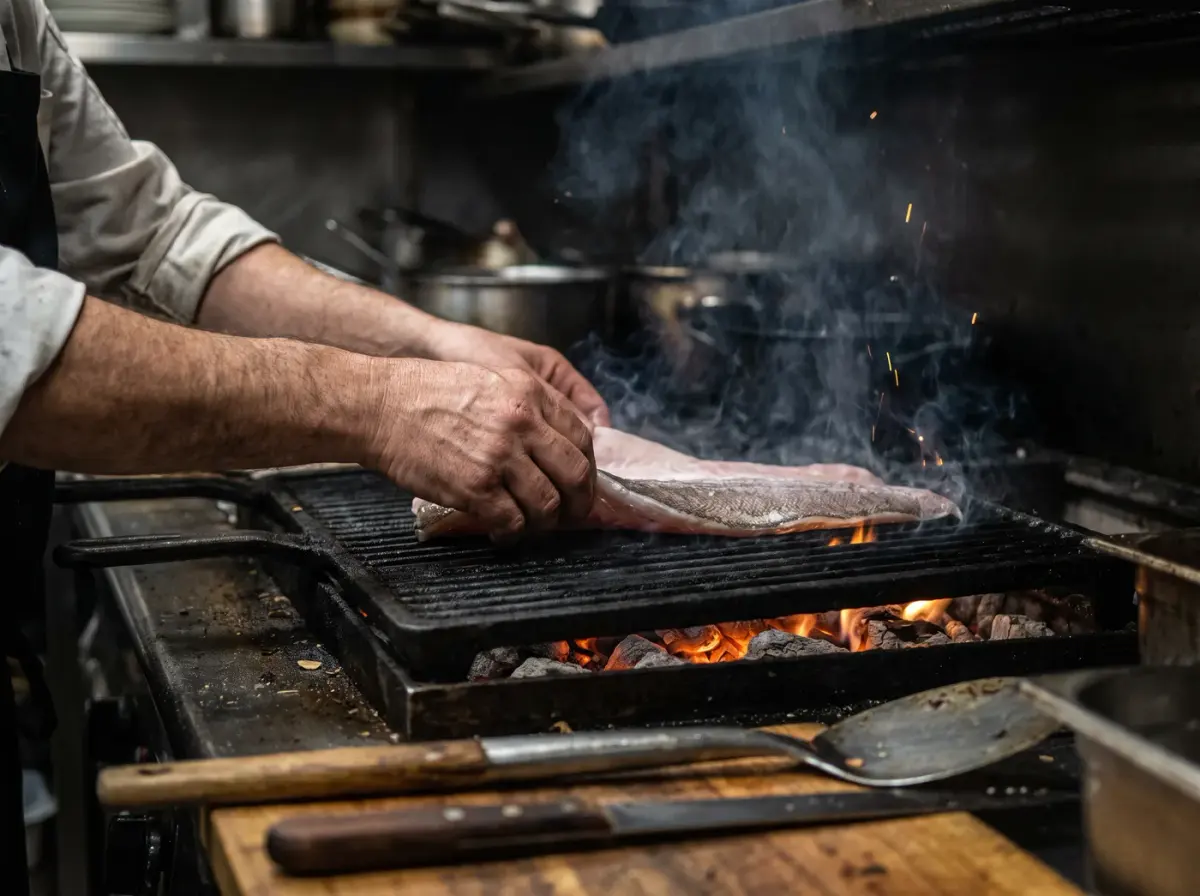 Manos de un cocinero, sin que se le vea la cara, poniendo un lomo de pescado sobre la parrilla encima de las brasas
