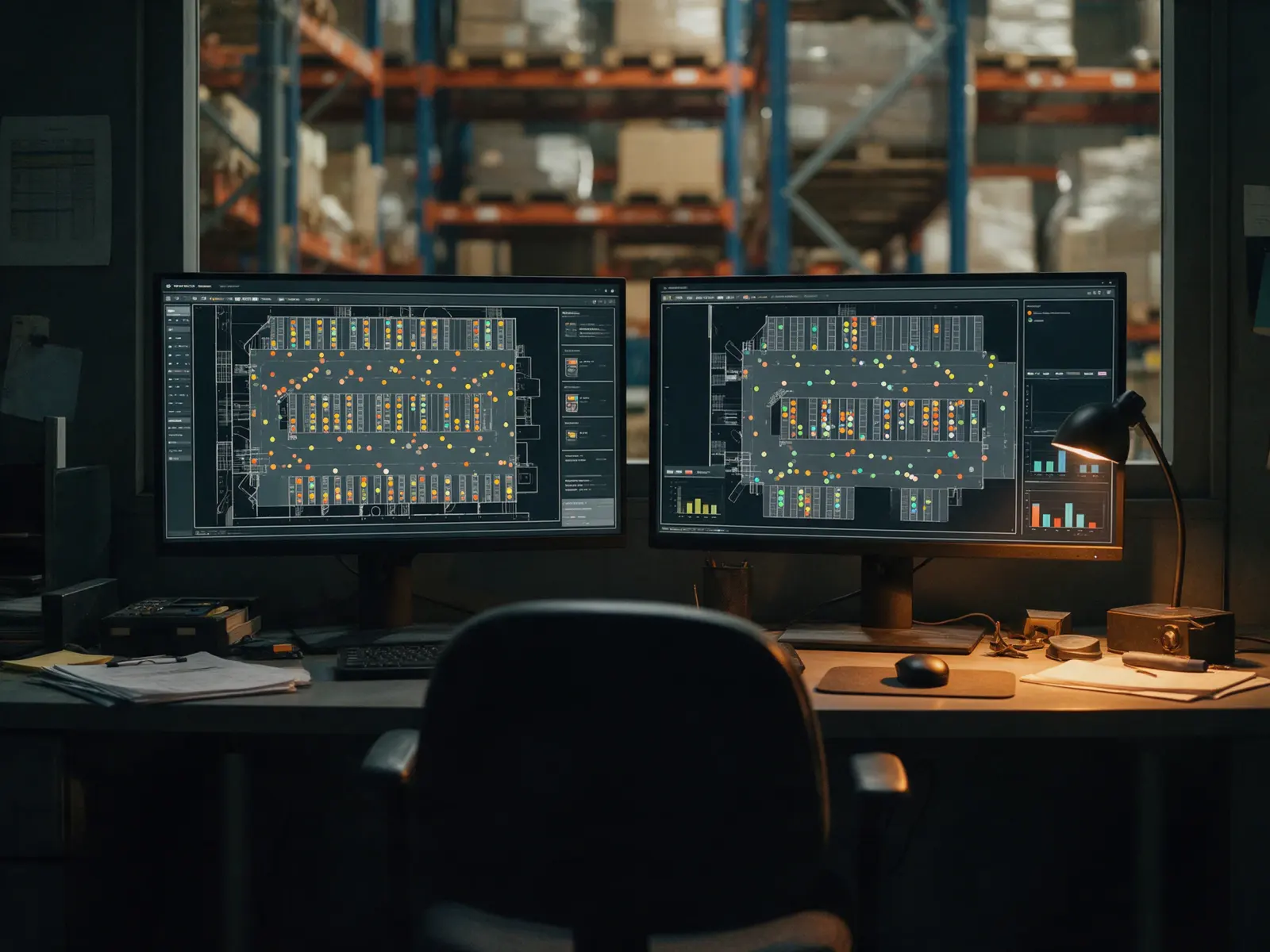 Dos monitores con el mapa de un almacén en una sala de control, con estanterías al fondo