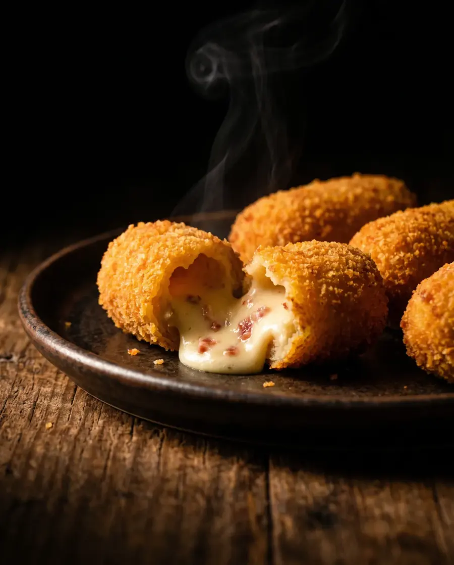 Croquetas doradas, una abierta por la mitad con la bechamel cremosa saliendo