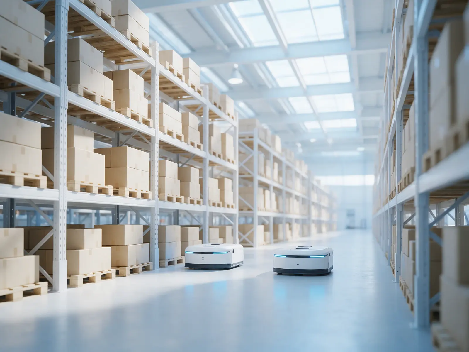 Pasillo luminoso de un almacén con dos robots móviles blancos de luz azul