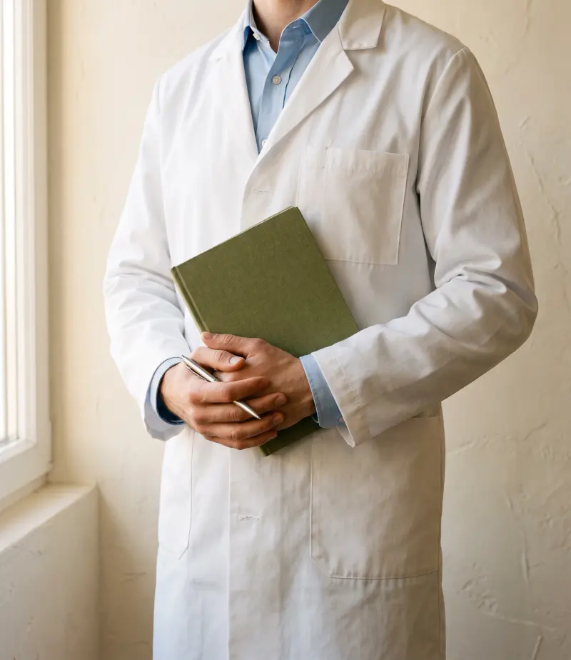 Médico con bata blanca y un cuaderno verde en las manos, retratado sin que se le vea la cara