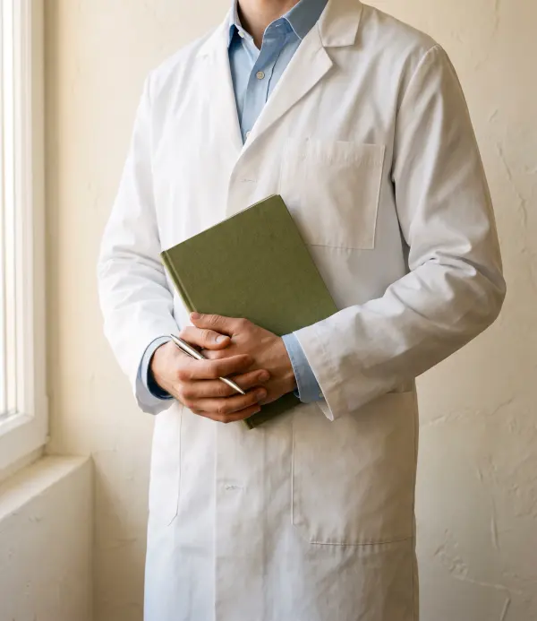 Médico con bata blanca y un cuaderno verde en las manos, retratado sin que se le vea la cara