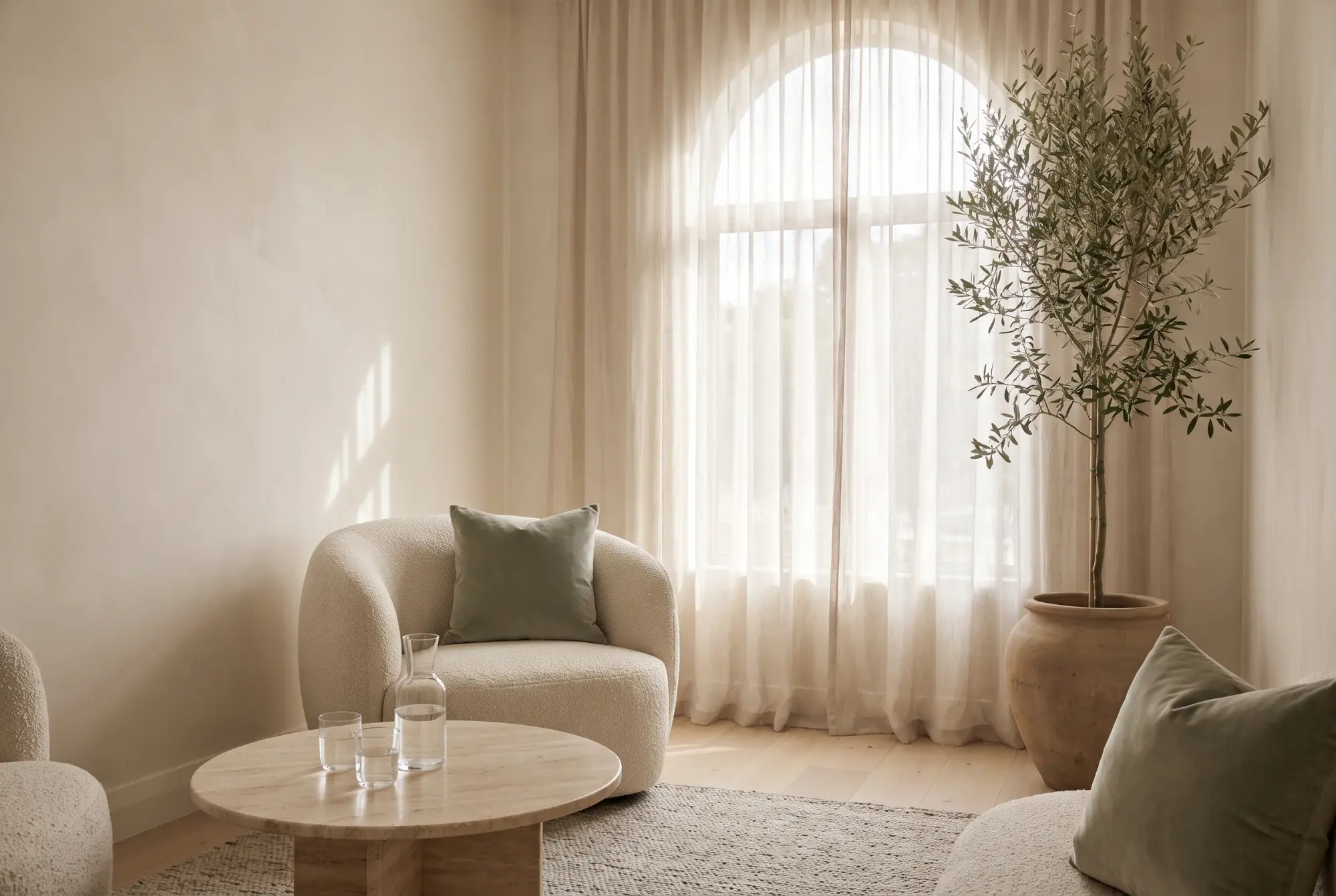 Sala de espera con un sillón claro, una mesa de travertino y un olivo junto a la ventana