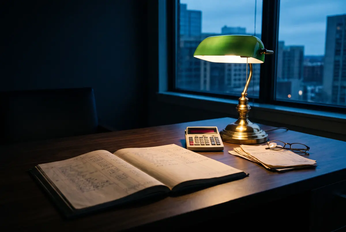 Mesa de trabajo al anochecer con un libro de cuentas abierto, una calculadora, facturas y unas gafas bajo una lámpara