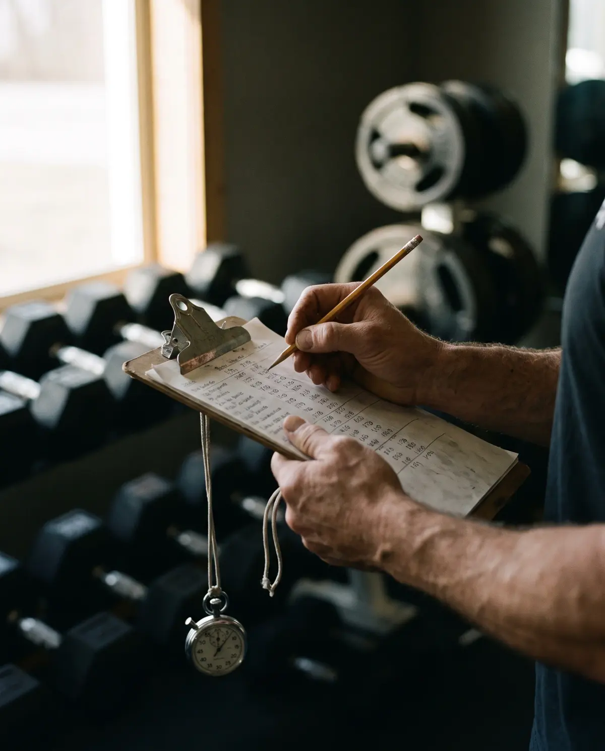 Las manos de un entrenador apuntan series y repeticiones en una carpeta, con un cronómetro colgando