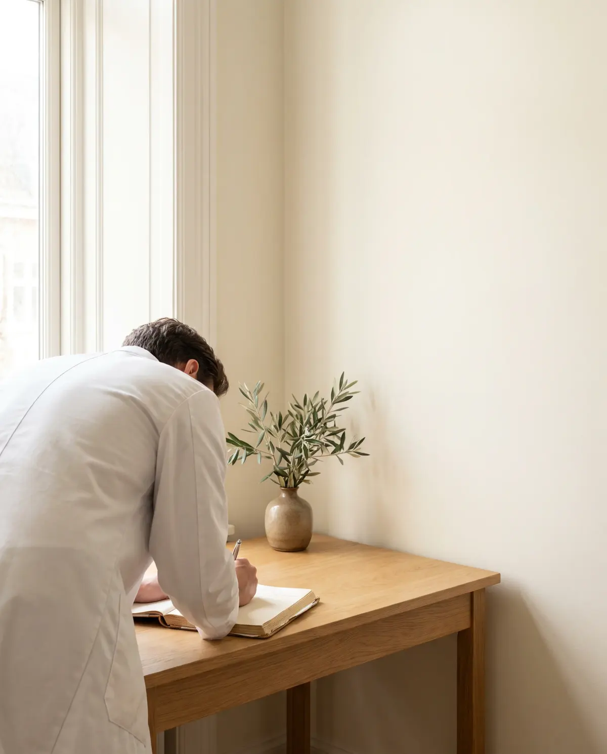Médico con bata blanca, de espaldas, escribiendo en un cuaderno junto a la ventana