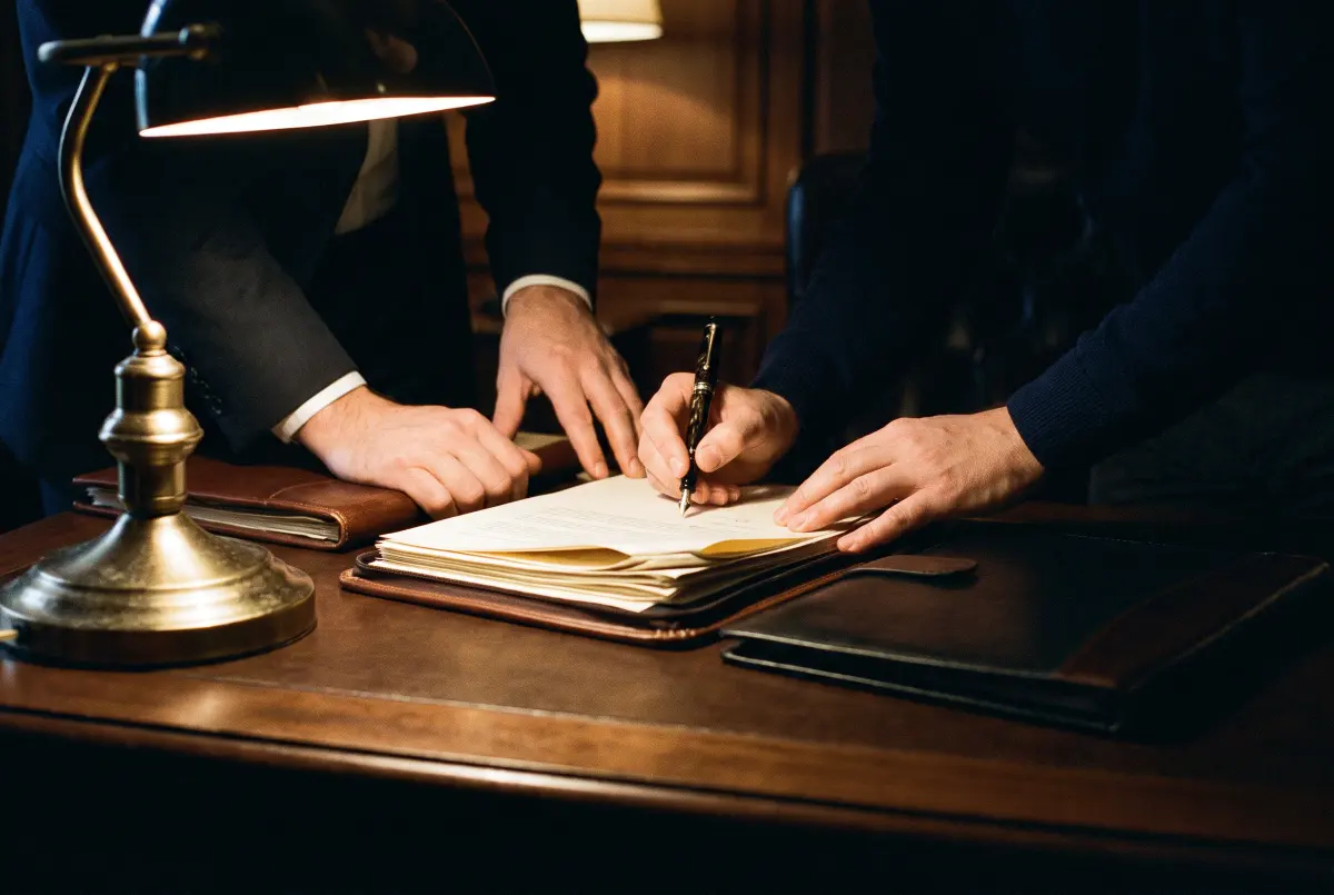 Dos pares de manos firman con pluma los documentos de una sociedad bajo la luz de una lámpara de latón