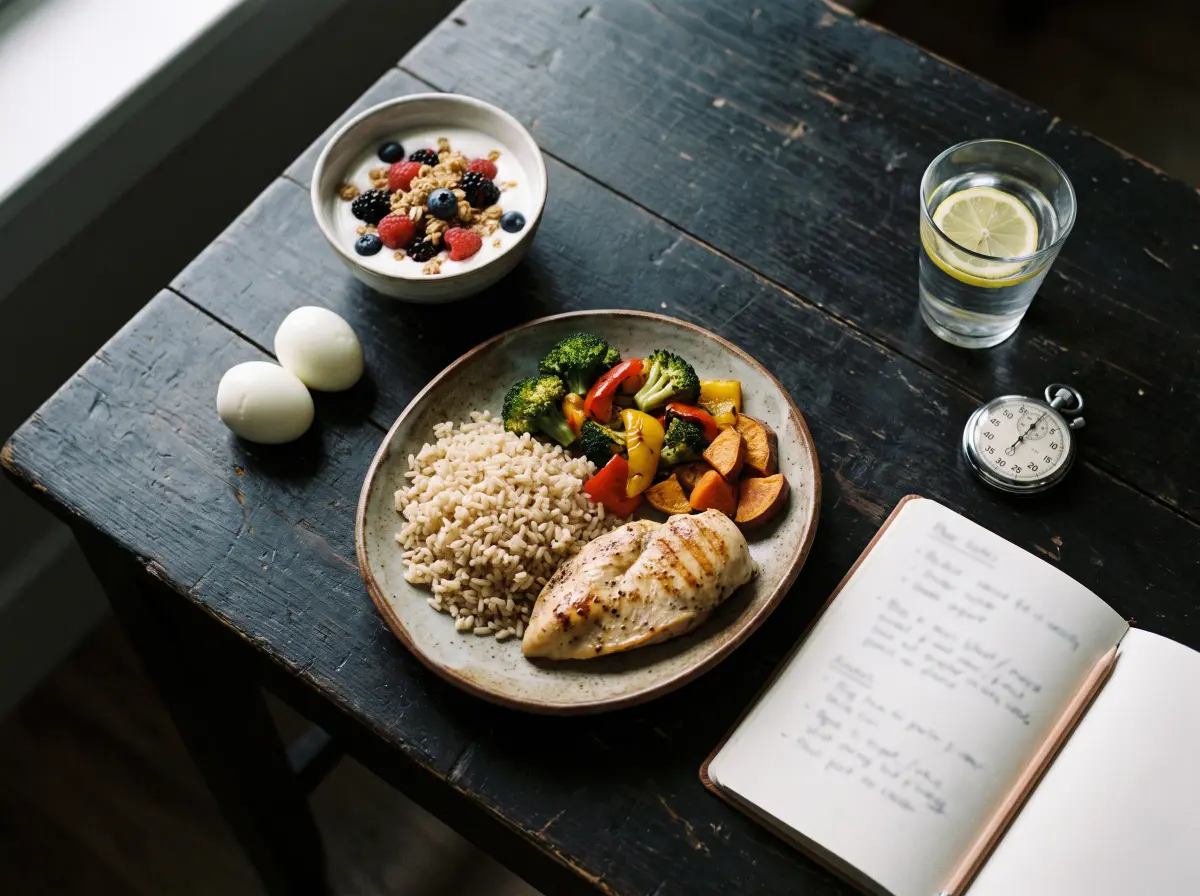 Una mesa con un plato de arroz, pollo y verduras, un yogur con fruta y una libreta de notas
