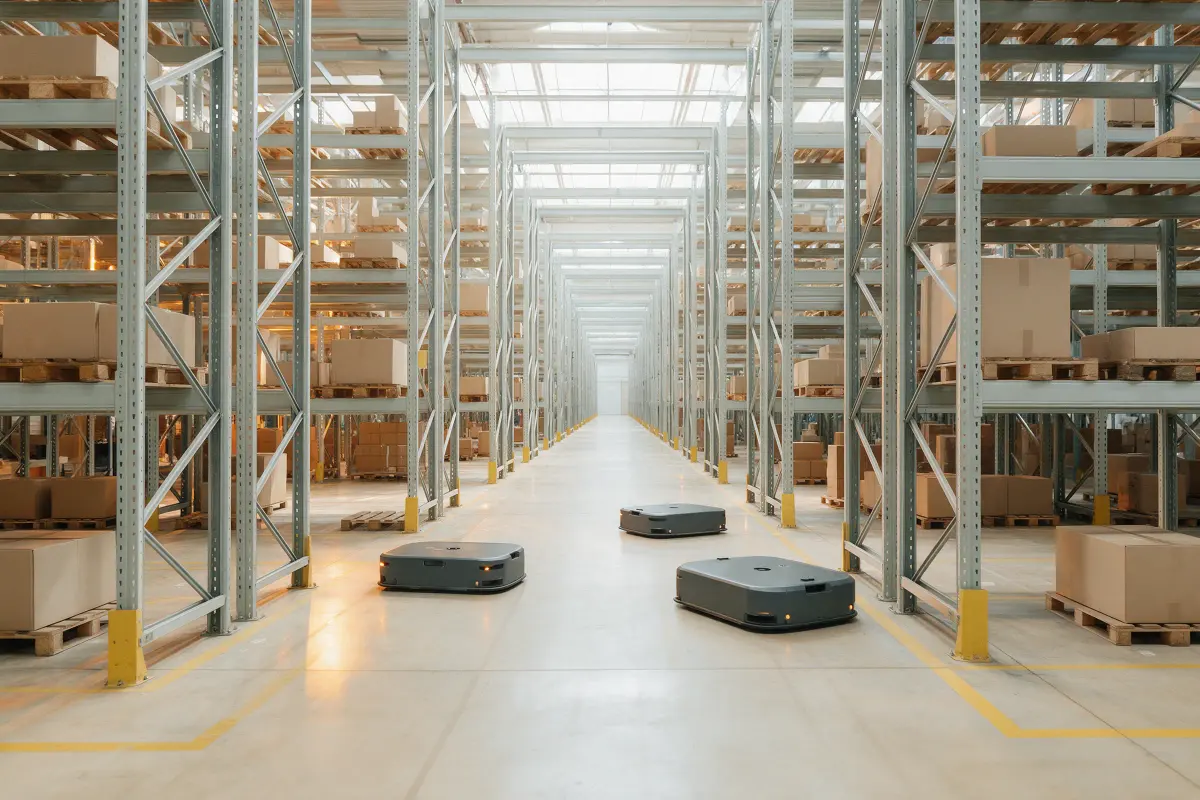Pasillo central de un almacén con robots móviles entre estanterías