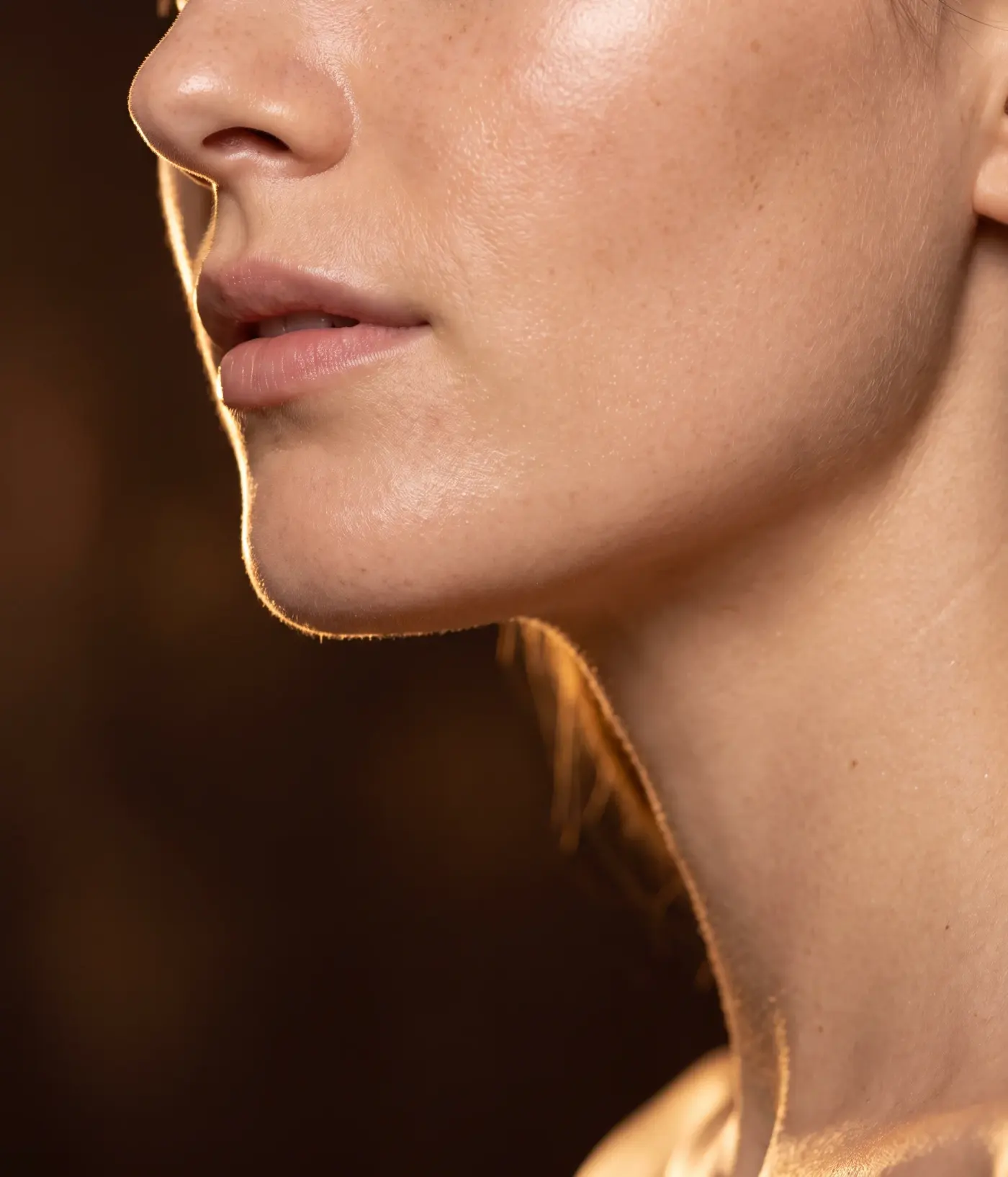 Perfil de un rostro, de la nariz al cuello, con la piel luminosa a contraluz