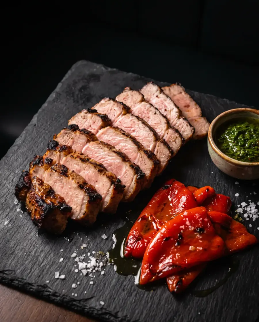 Presa ibérica a la brasa en lonchas sobre pizarra, con pimientos rojos asados y un cuenco de salsa verde