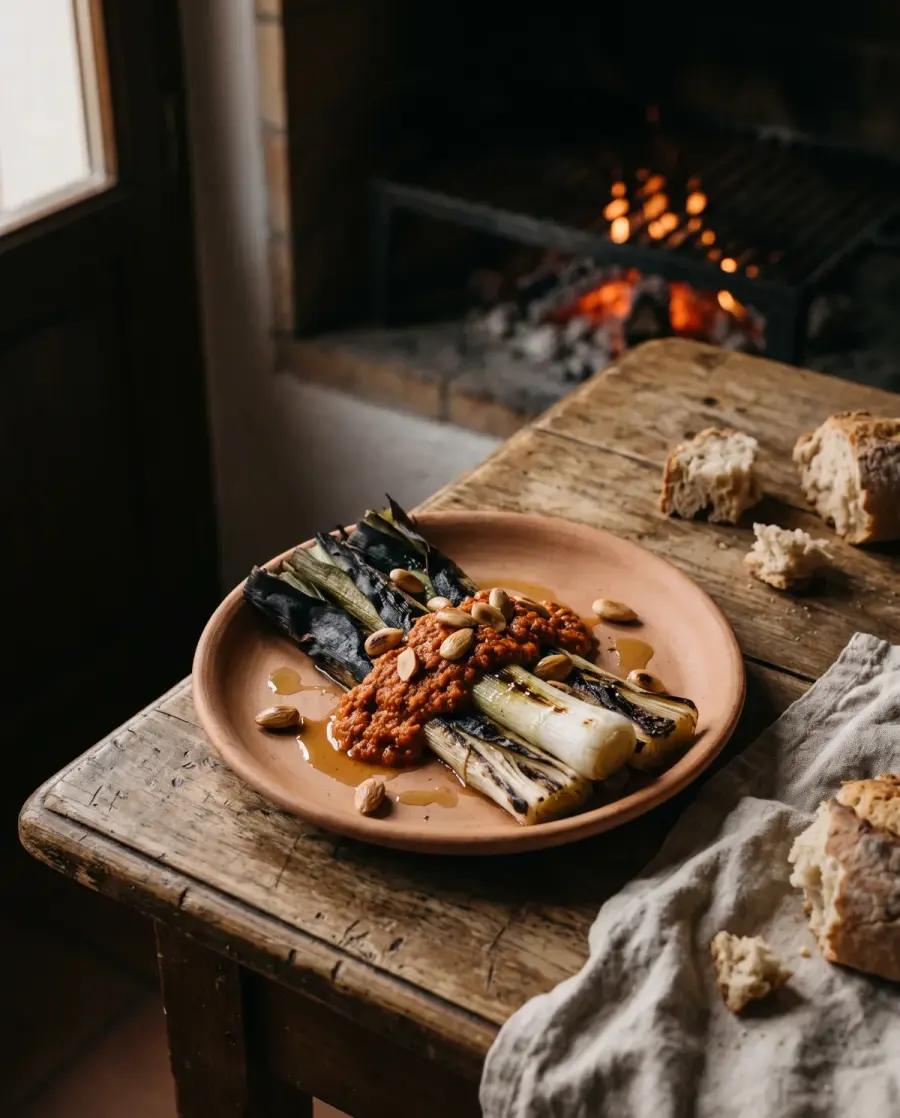 Puerros a la brasa abiertos con salsa romesco y almendras, junto a la parrilla encendida