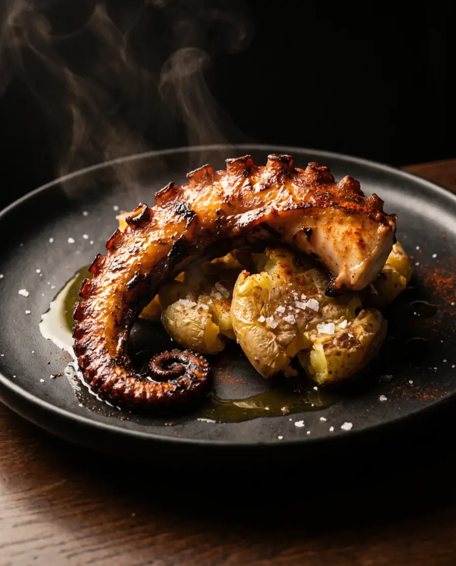 Pata de pulpo a la brasa con las puntas crujientes sobre patatas aplastadas, en un plato negro