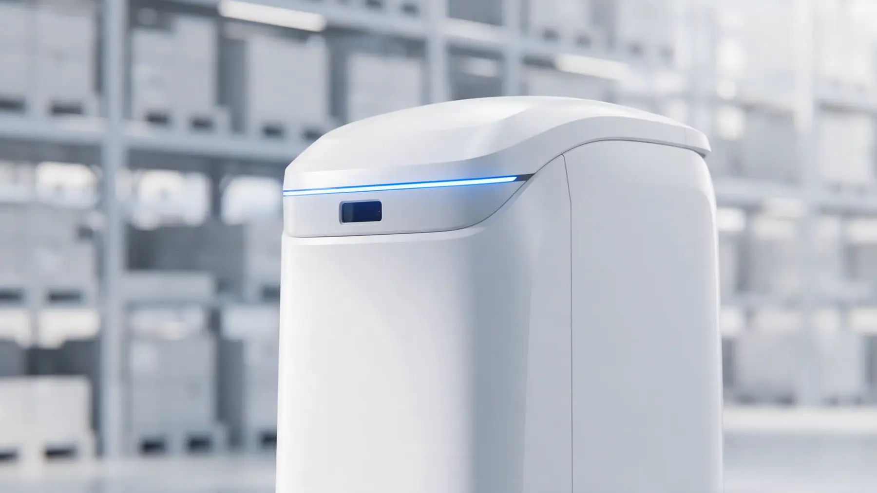 Primer plano de un robot móvil blanco con una línea de luz azul, en un almacén luminoso