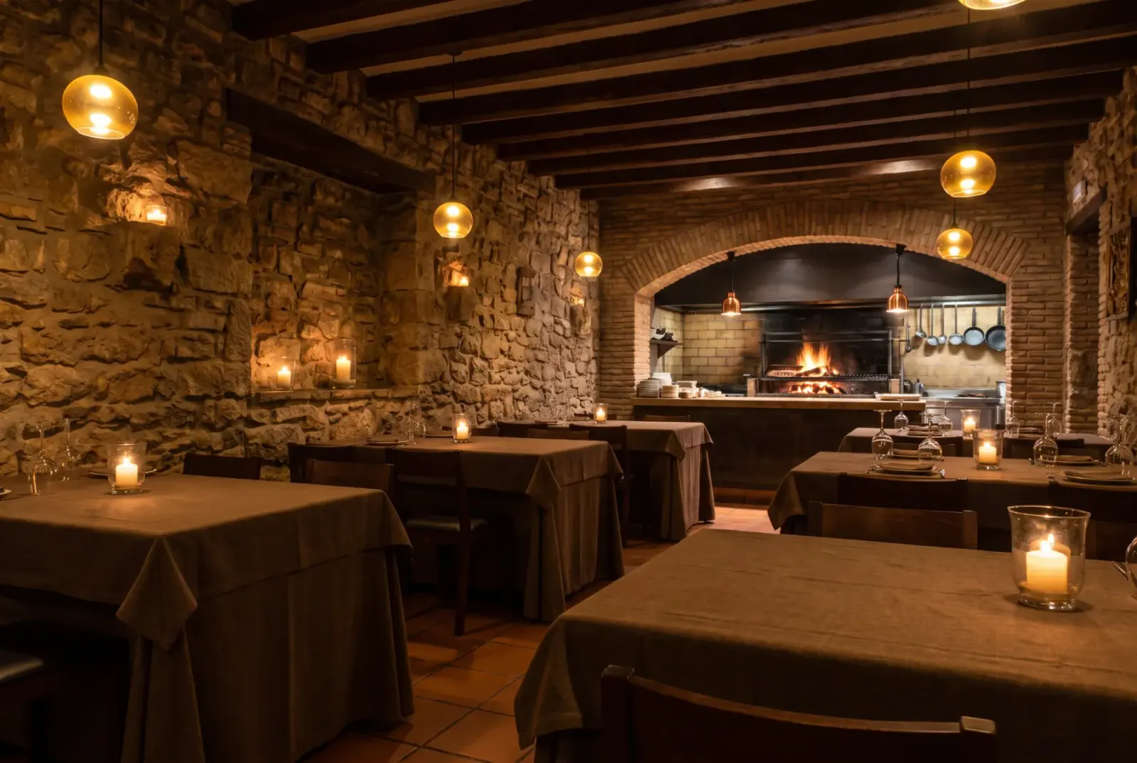 El comedor de noche antes de abrir: paredes de piedra, velas en las mesas y al fondo la cocina abierta con la parrilla encendida