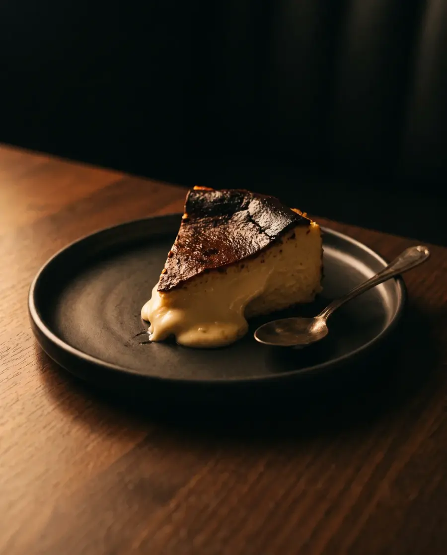 Porción de tarta de queso con la superficie tostada y el centro cremoso, en un plato oscuro