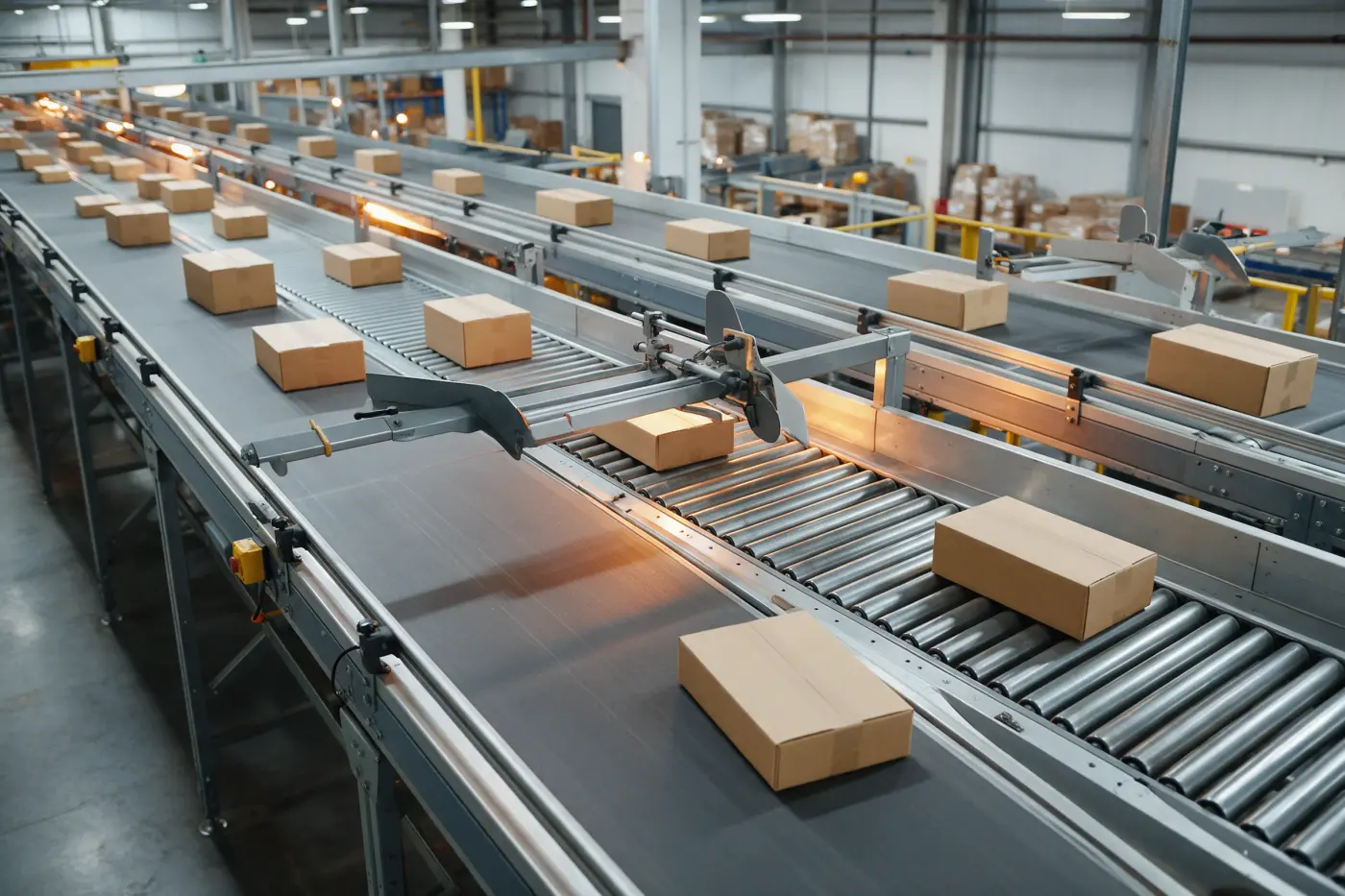 Líneas de transportadores con cajas de cartón y desviadores automáticos